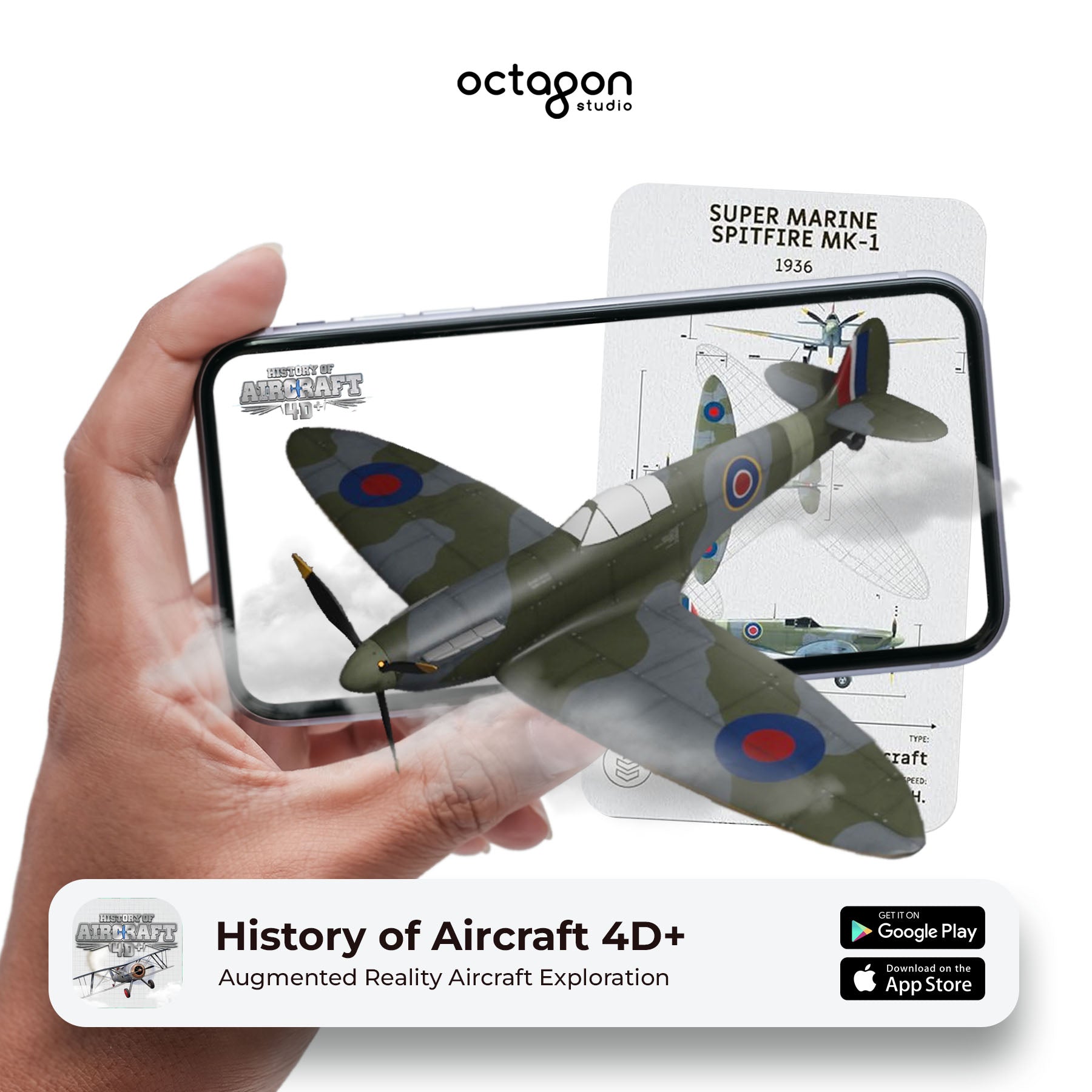 Aircraft 4D+ Augmented Reality Cards Hand holding a smartphone with augmented reality app displaying a Supermarine Spitfire Mk.I aircraft.