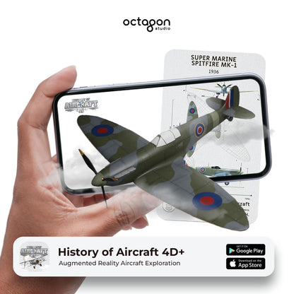 Aircraft 4D+ Augmented Reality Cards Hand holding a smartphone with augmented reality app displaying a Supermarine Spitfire Mk.I aircraft.