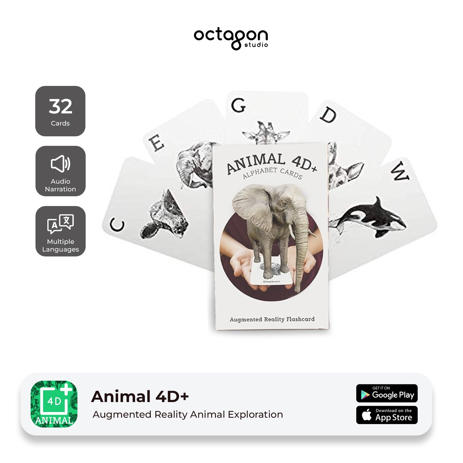 Animal 4D+ Augmented Reality Cards Set of augmented reality animal exploration cards with 'Octagon Studio' branding on a white background.