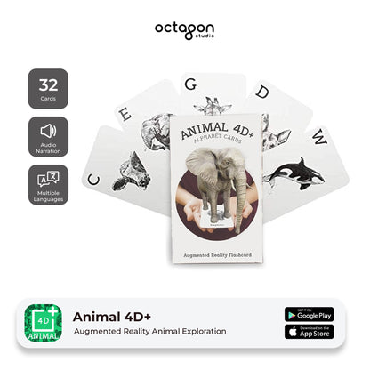 Animal 4D+ Augmented Reality Cards Set of augmented reality animal exploration cards with 'Octagon Studio' branding on a white background.