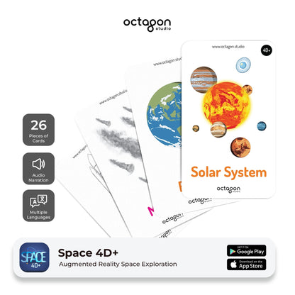 Space 4D+ Augmented Reality Cards Solar system-themed educational cards with 'octagon studio' branding on a white background.
