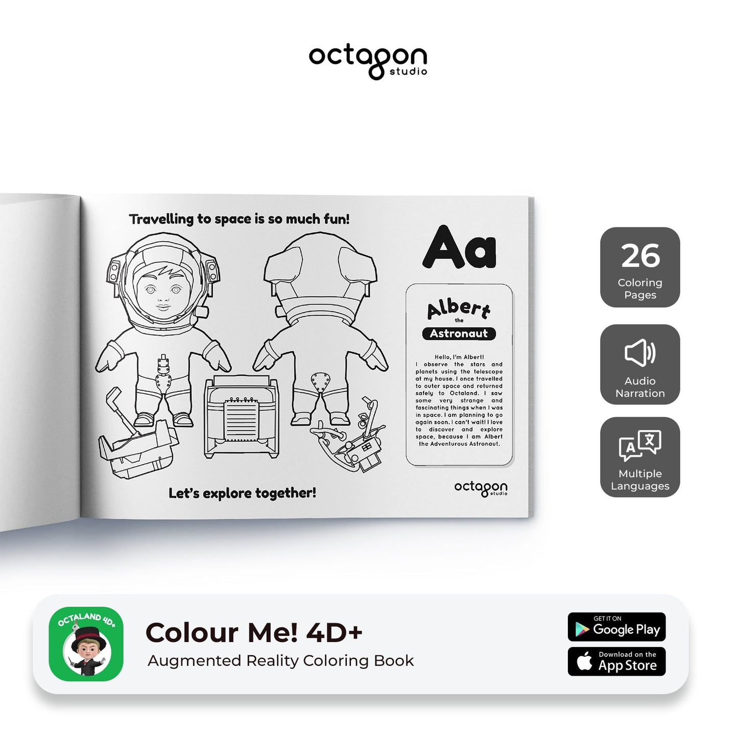 Augmented reality coloring book with astronaut design and Octagon Studio branding.