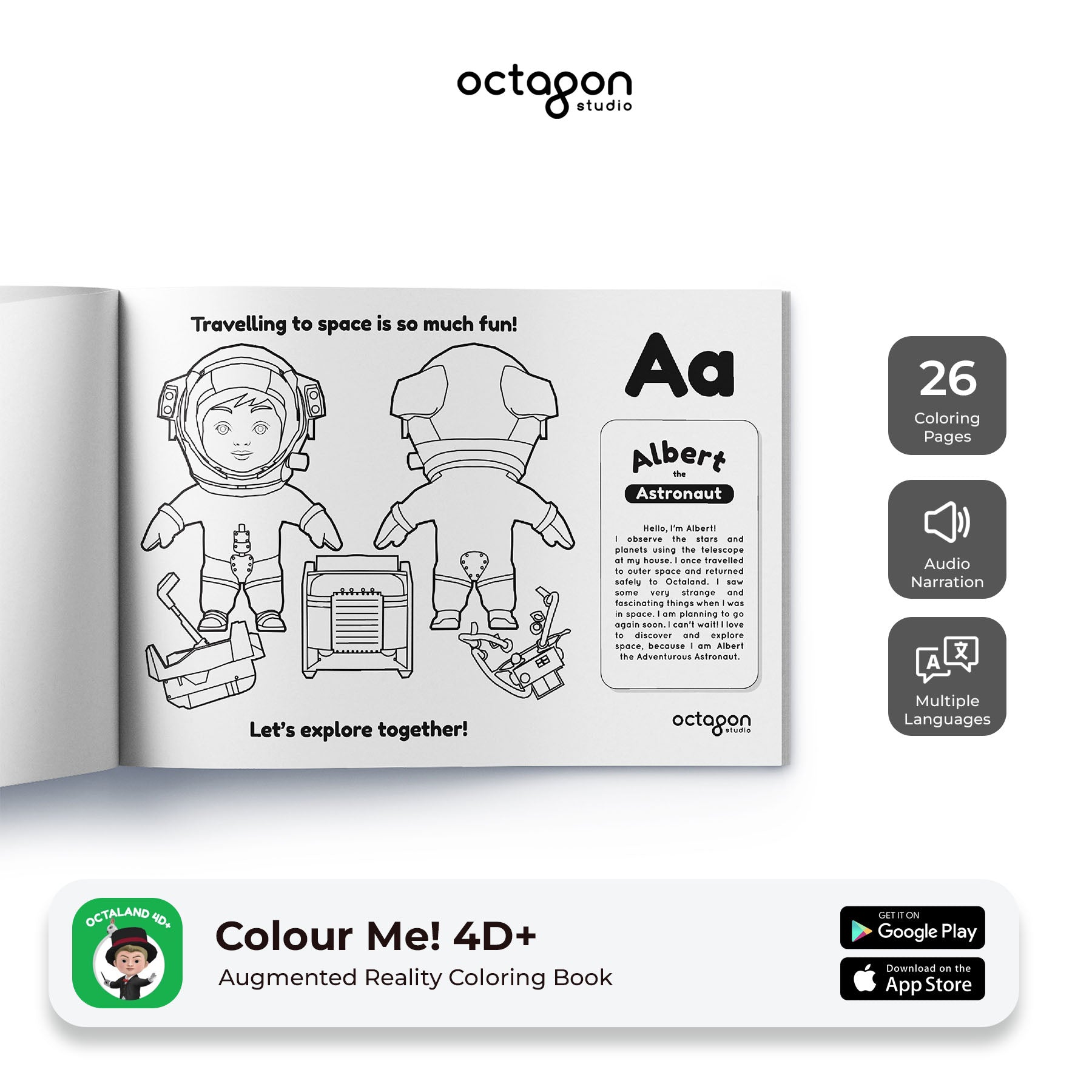Augmented reality coloring book with astronaut design and Octagon Studio branding.