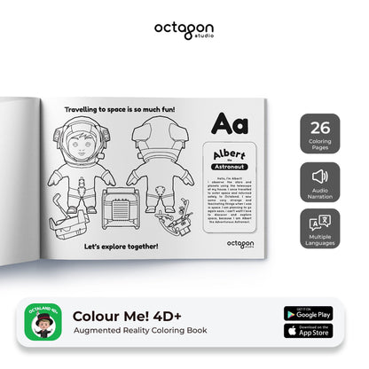 Augmented reality coloring book with astronaut design and Octagon Studio branding.