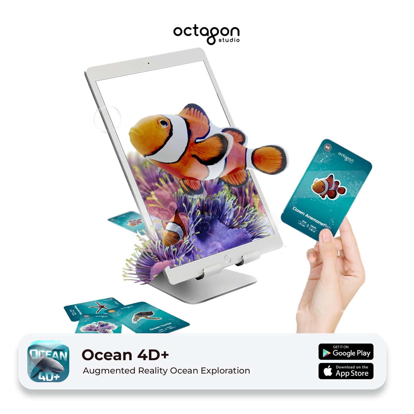 Augmented reality device with cards showing an ocean scene and a clownfish, branded 'octagon studio'.
