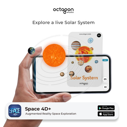 Space 4D+ Augmented Reality Cards Hand holding a smartphone with augmented reality app displaying the solar system, branded as Space 4D+ by octagon studio.