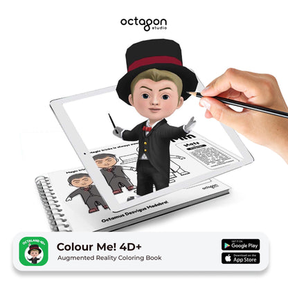 Augmented reality coloring book with a character and a hand holding a pen, branded 'Octagon Studio'.