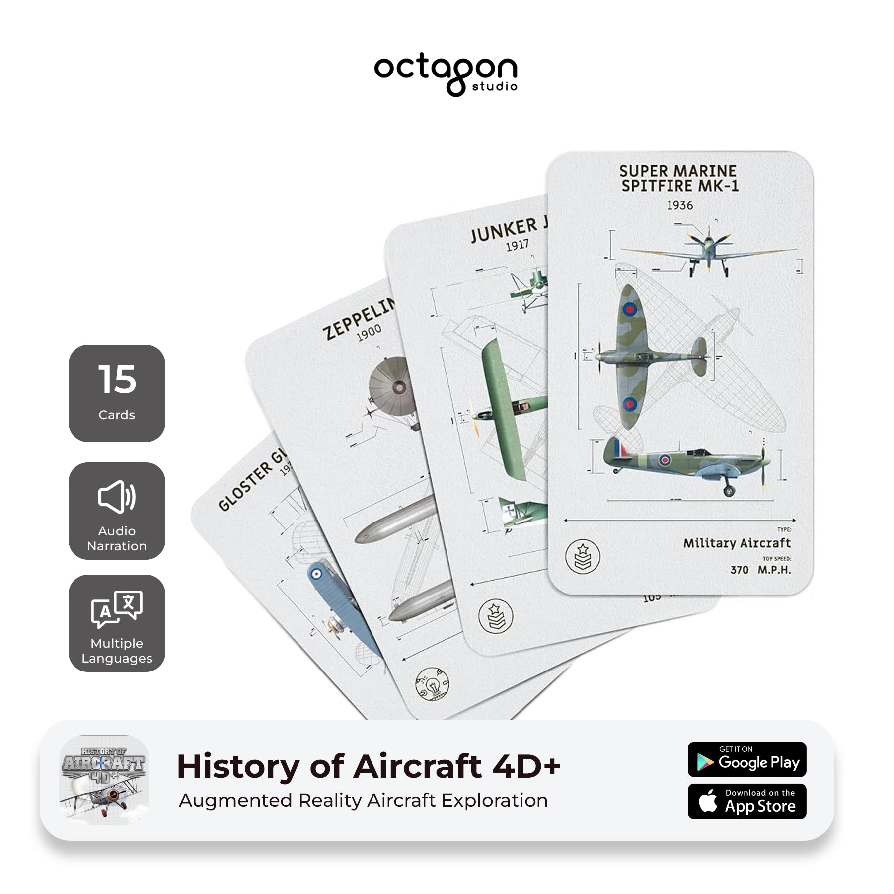 Aircraft 4D+ Augmented Reality Cards Set of aircraft-themed cards with branding and product details on a white background