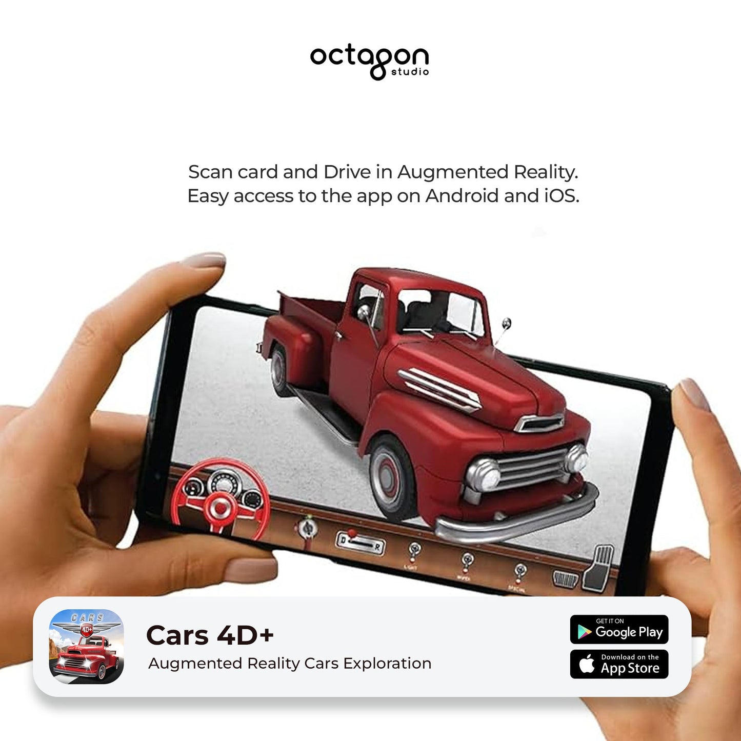 Cars 4D+ Augmented Reality Cards Phone displaying augmented reality app with red truck, held by hands, on a white background.