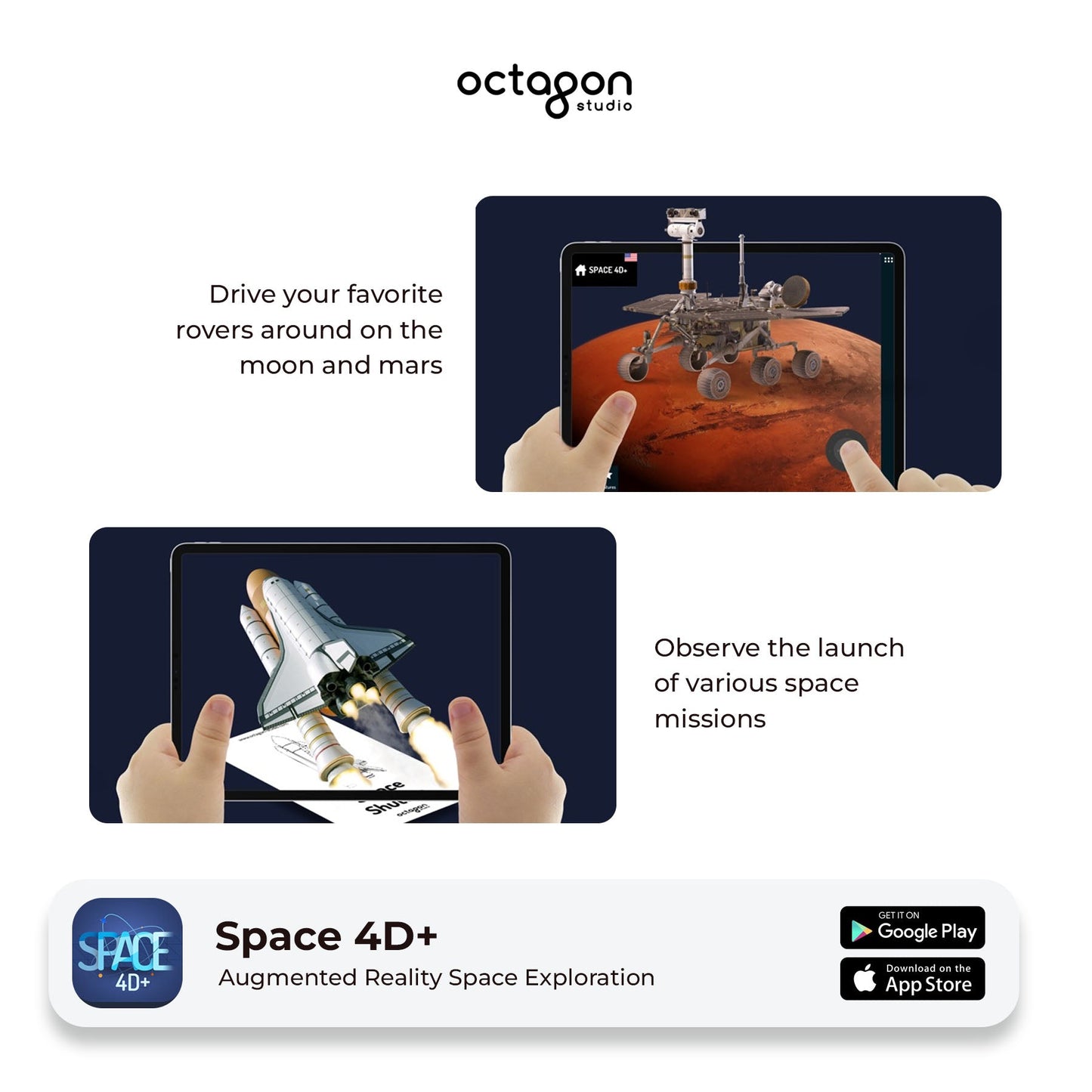 Space 4D+ Augmented Reality Cards Augmented reality space exploration app with tablet displaying space missions on a white background.