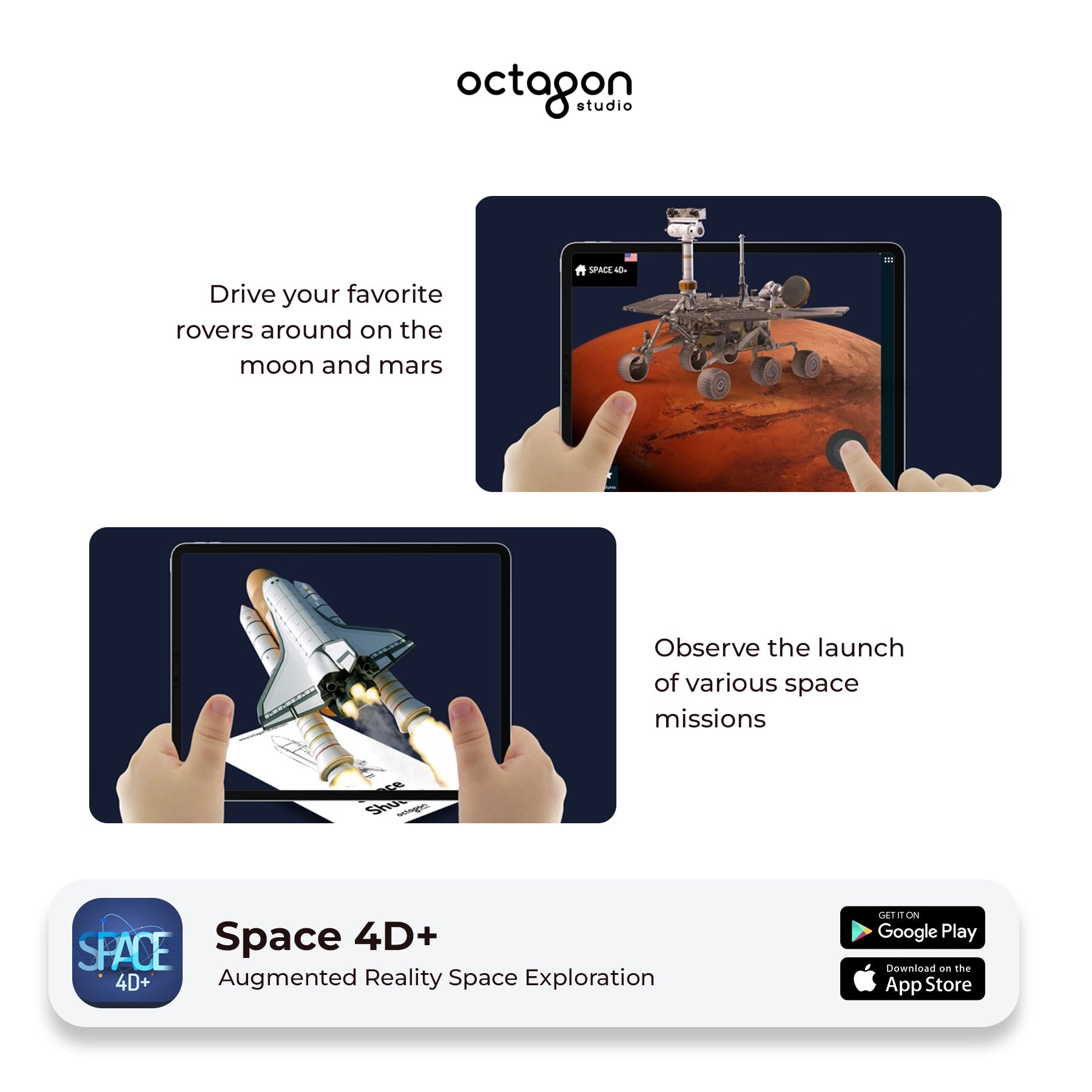 Space 4D+ Augmented Reality Cards Augmented reality space exploration app with tablet displaying space missions on a white background.