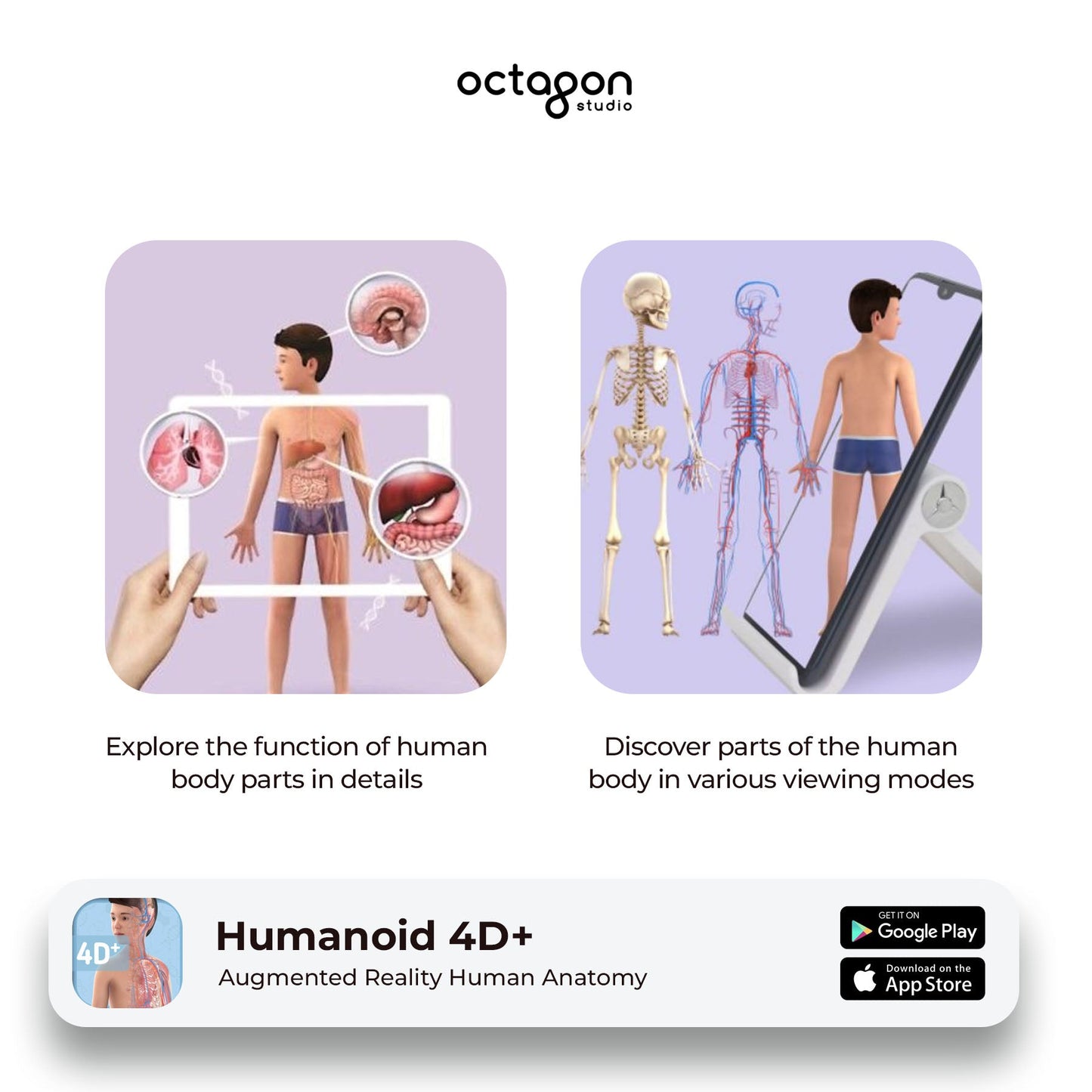 Augmented reality human anatomy app with 4D+ technology on a white background.
