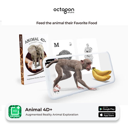 Animal 4D+ Augmented Reality Cards Augmented reality animal exploration device with a monkey and bananas on a white background, featuring Octagon Studio branding.