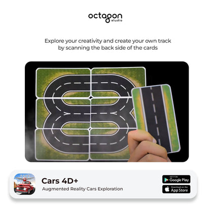Cars 4D+ Augmented Reality Cards with road design and app promotion for augmented reality car exploration