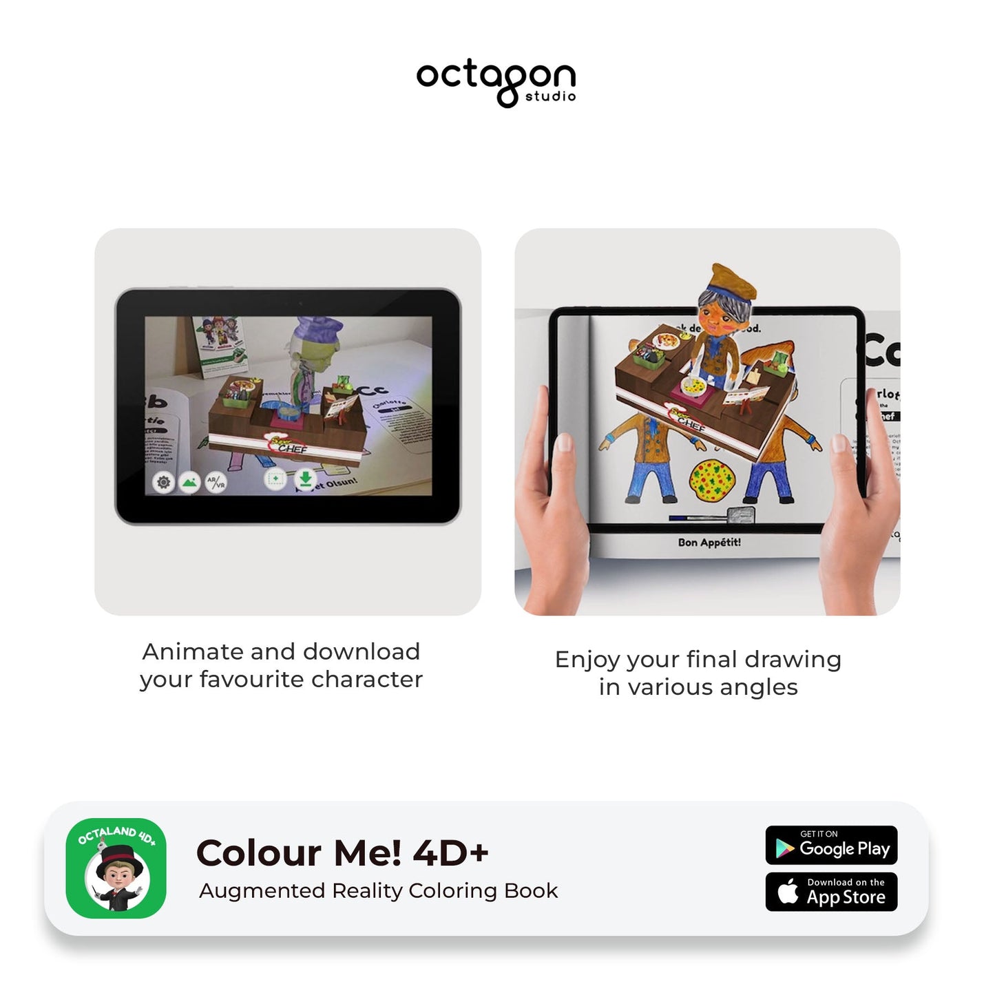 Augmented reality coloring book with digital interface and hands holding the device.