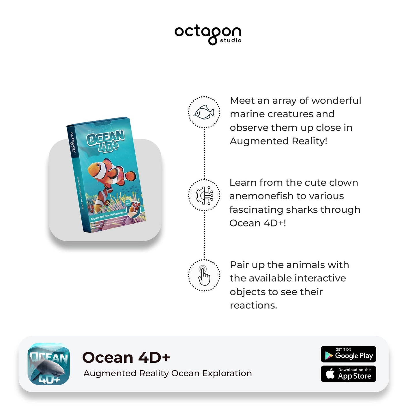 Ocean 4D+ augmented reality device with text about marine creatures and app features on a white background.