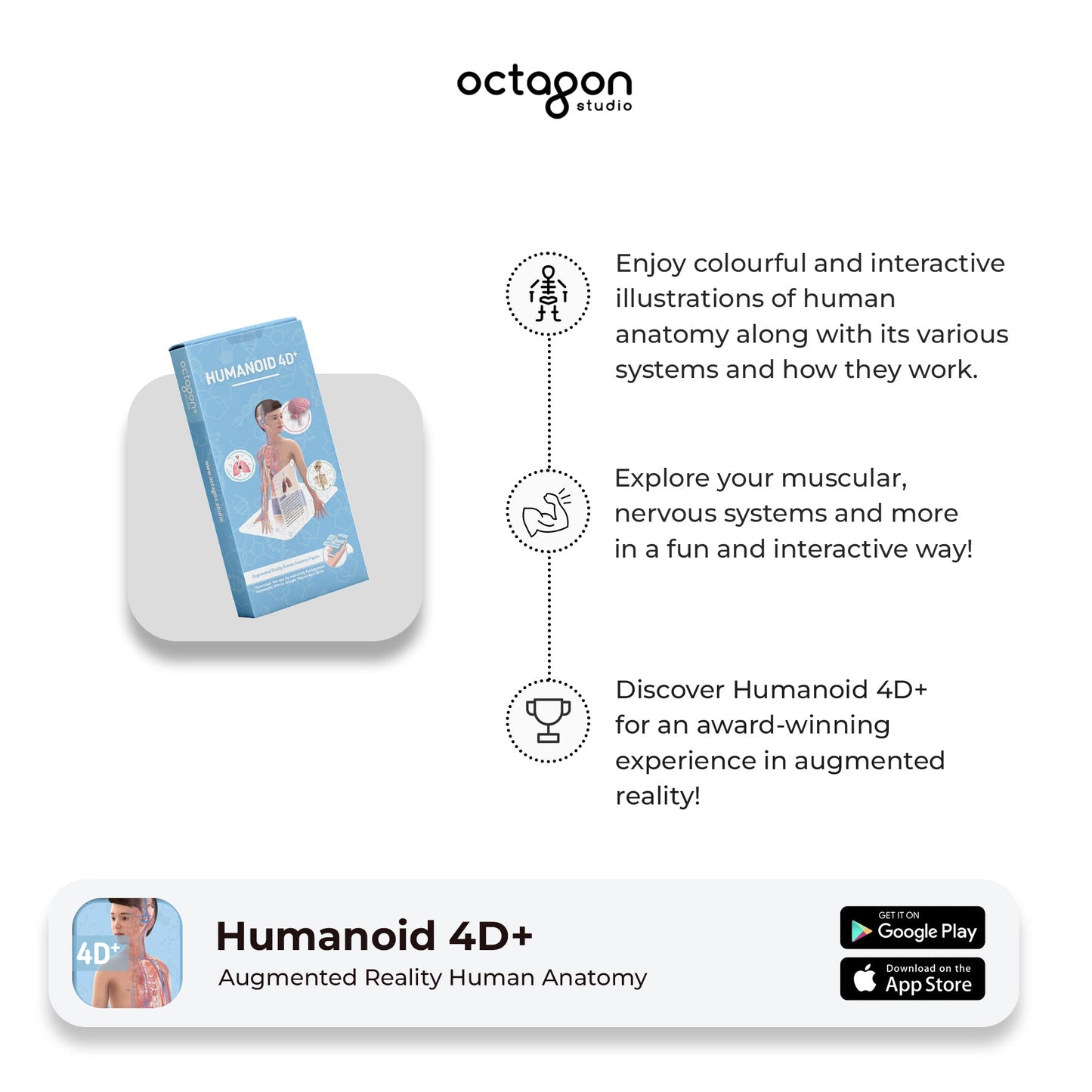 Humanoid 4D+ augmented reality product with packaging and promotional text on a white background.
