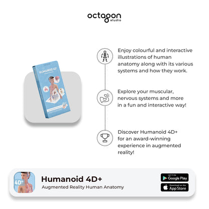 Humanoid 4D+ augmented reality product with packaging and promotional text on a white background.