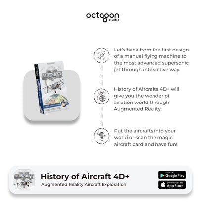 Aircraft 4D+ Augmented Reality Cards Promotional image of 'History of Aircraft 4D+' augmented reality app with text and branding.
