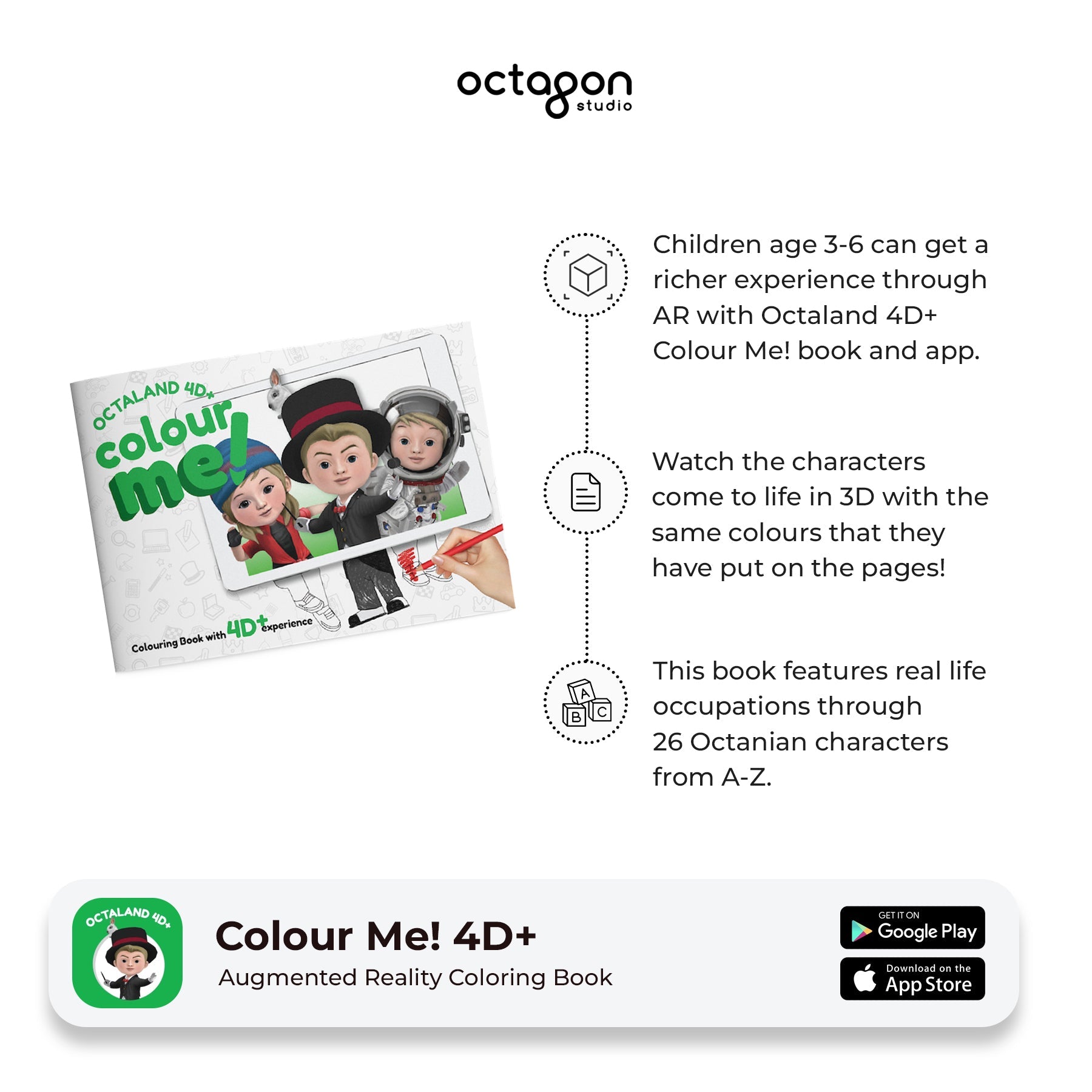 Octagon Studio Colour Me! 4D+ Augmented Reality Coloring Book with text about AR experience and characters.