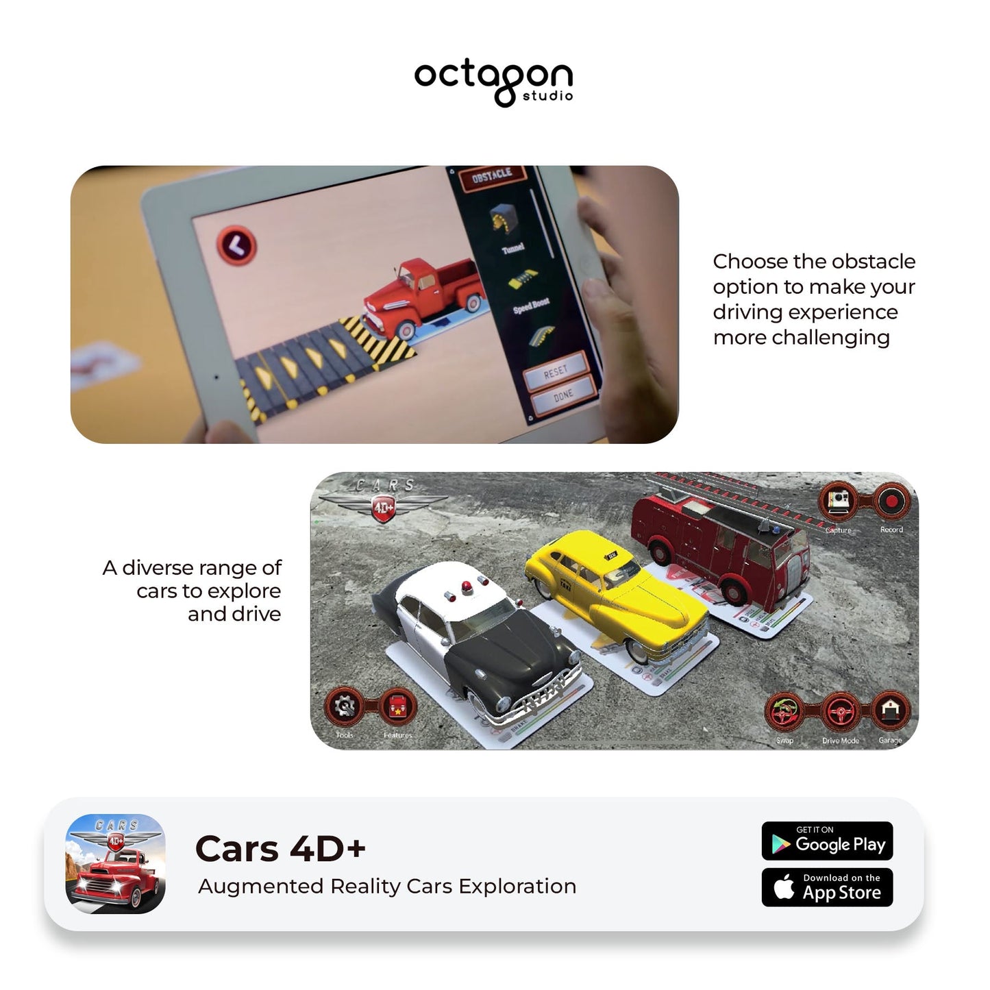 Cars 4D+ Augmented Reality Cards Augmented reality car exploration app with toy cars and tablet interface.