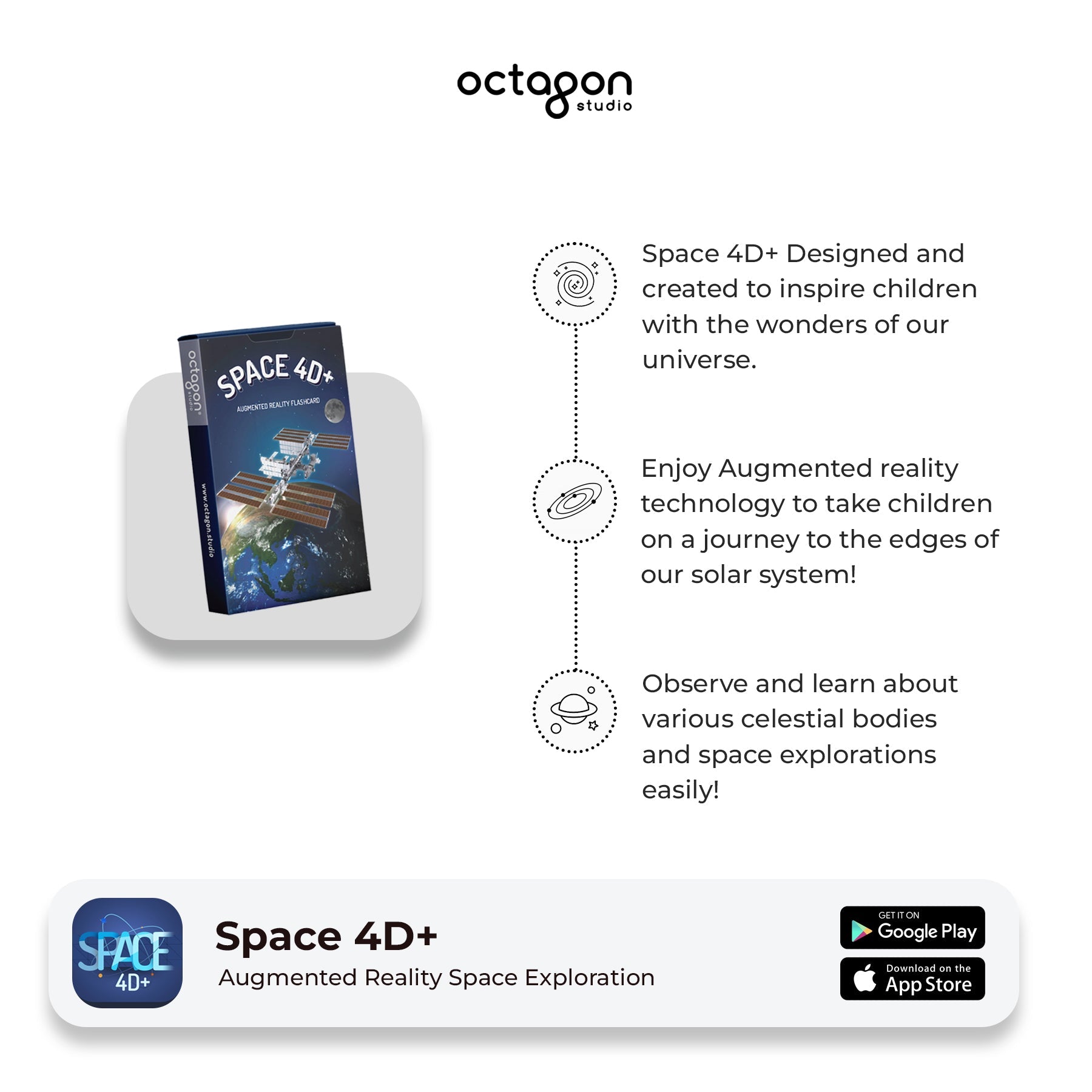 Space 4D+ augmented reality space exploration device with packaging and branding on a white background.