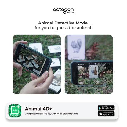Animal 4D+ Augmented Reality Cards Augmented reality app for animal exploration with 'Octagon Studio' branding.
