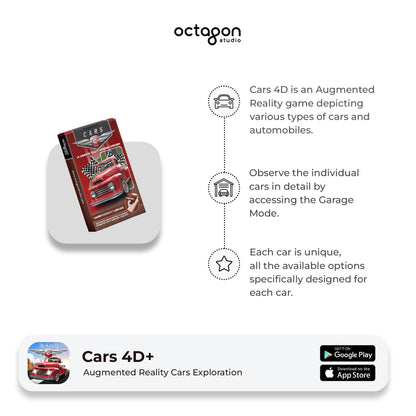 Cars 4D+ Augmented Reality Cards Promotional graphic for Cars 4D+ augmented reality game by Octagon Studio, featuring a packaging design and app store icons.