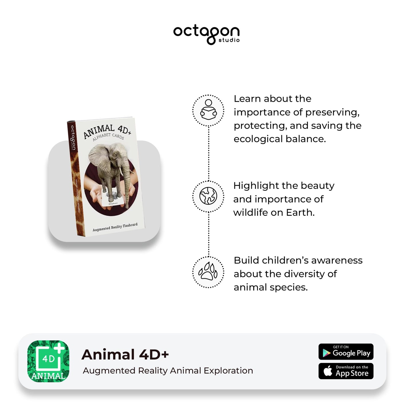 Animal 4D+ Augmented Reality Cards Product packaging with educational text about wildlife conservation and augmented reality app on a white background.