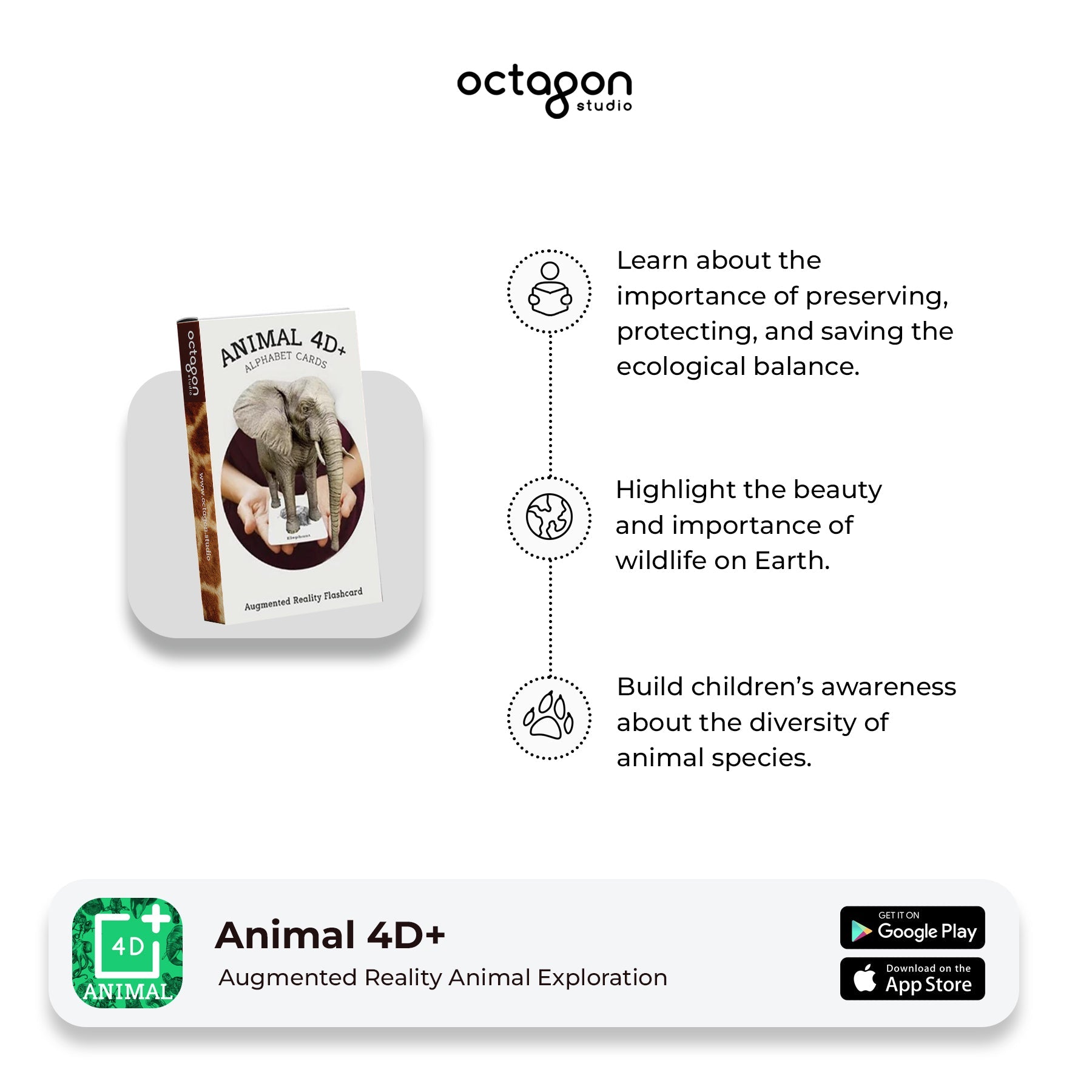 Animal 4D+ Augmented Reality Cards Product packaging with educational text about wildlife conservation and augmented reality app on a white background.