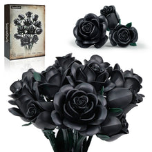 A building block set designed to create a bouquet of black roses, with the product displayed alongside the box art featuring the same bouquet.