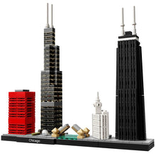 A set of building blocks depicting the Chicago city skyline, with iconic buildings such as the Willis Tower and John Hancock Center.