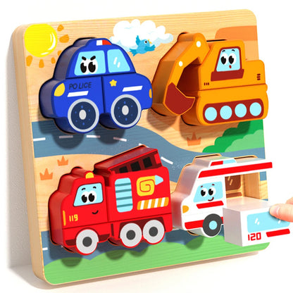 Wooden puzzle with toy vehicles including a police car, excavator, fire truck, and ambulance on a colorful background.