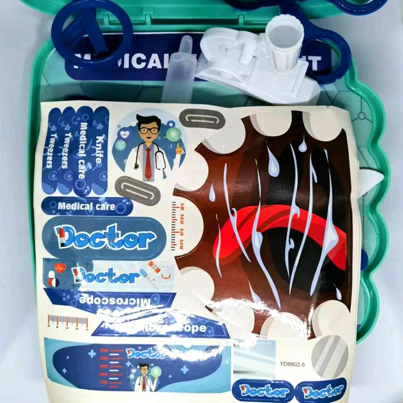Medical-themed toy set with packaging featuring a doctor illustration on a white background
