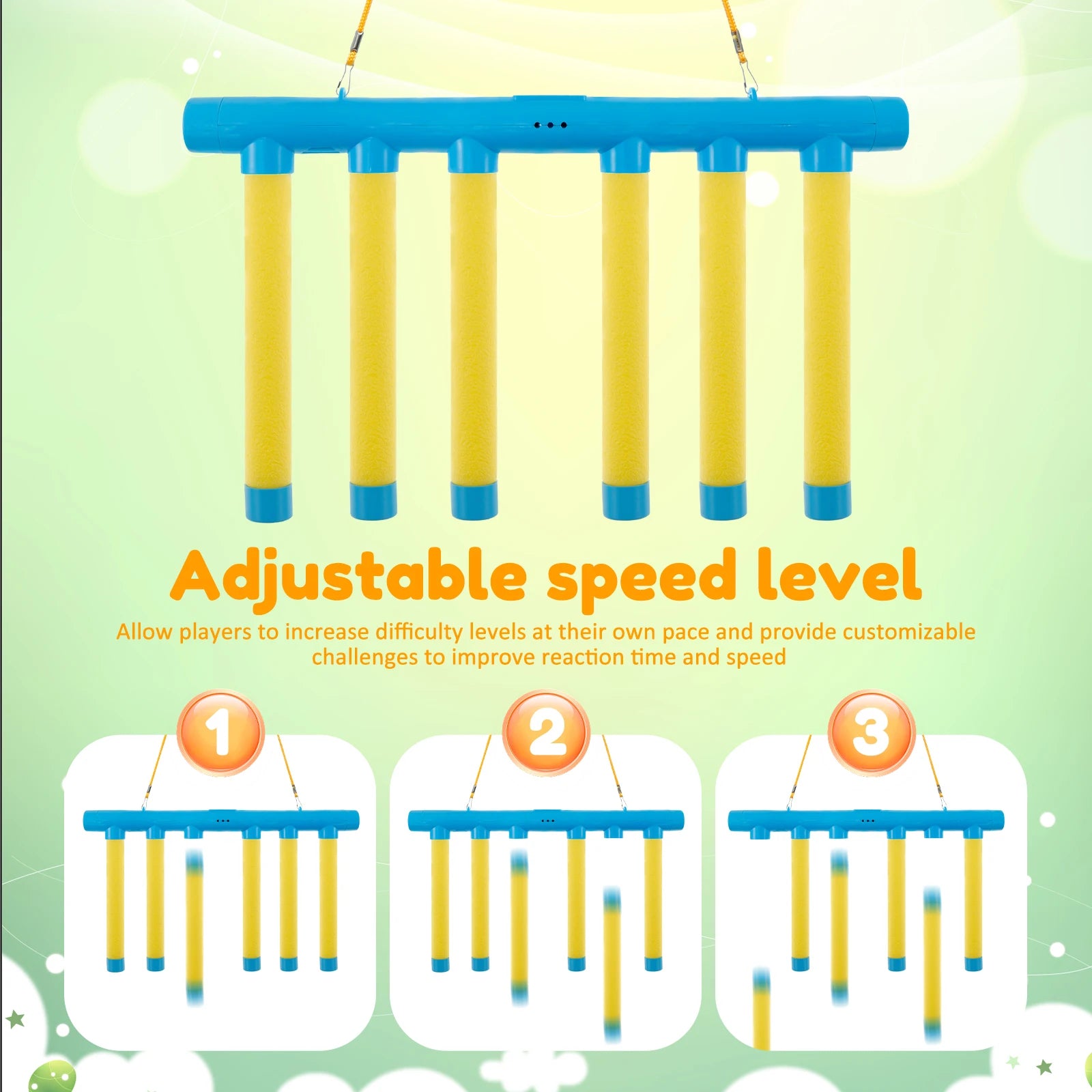 Adjustable speed level training tool with yellow bars and blue ends on a light green background.