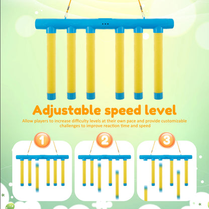 Adjustable speed level training tool with yellow bars and blue ends on a light green background.