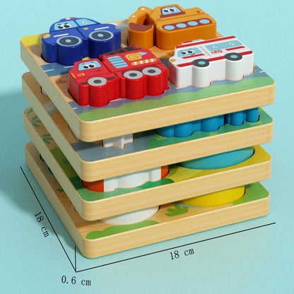 Stacking toy with colorful cars on a light blue background