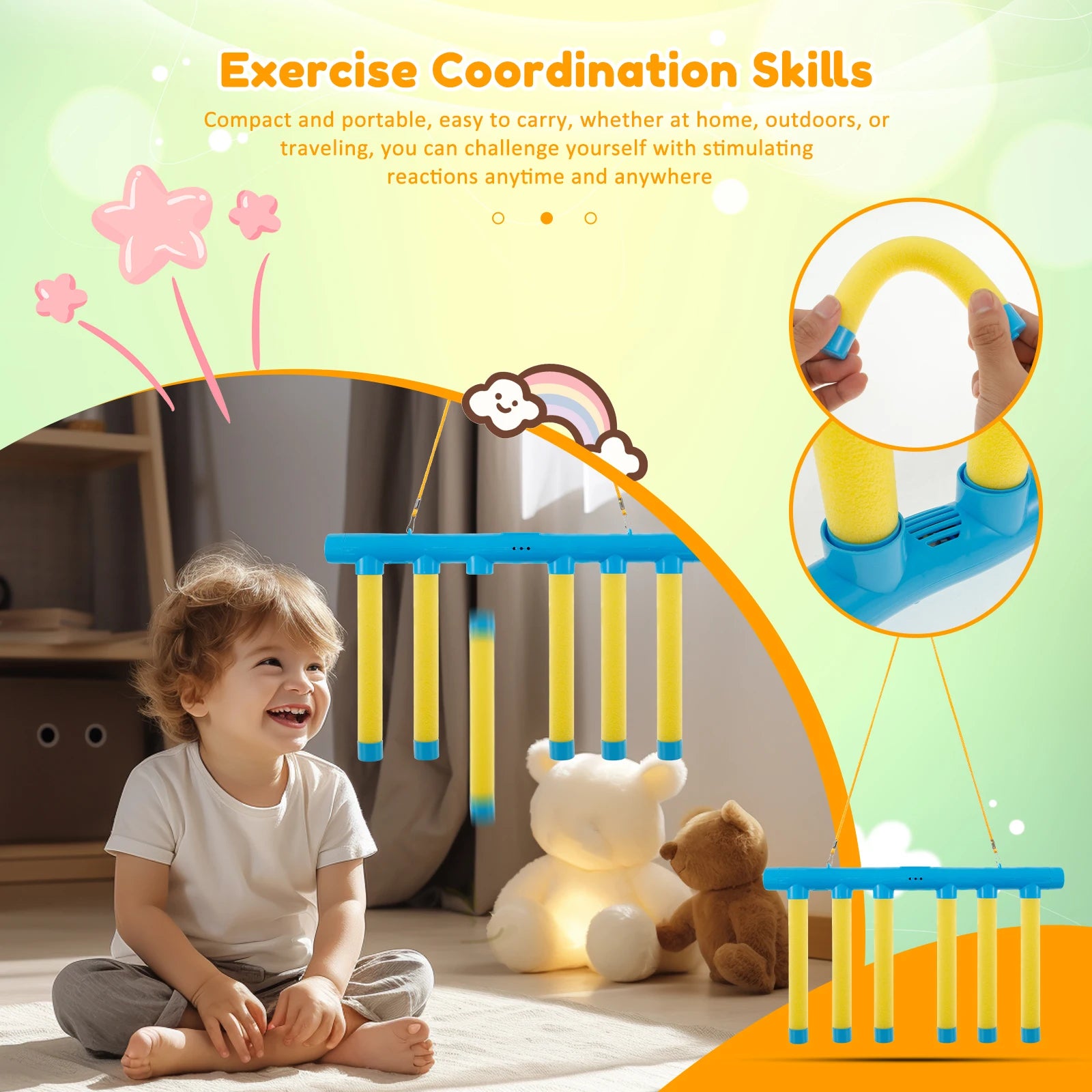 Child playing with Catching Sticks Reflex Training Game with text highlighting its portability and benefits.