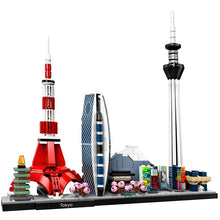 A building block set model of the Tokyo city skyline featuring iconic landmarks such as the Tokyo Tower and the Tokyo Skytree.