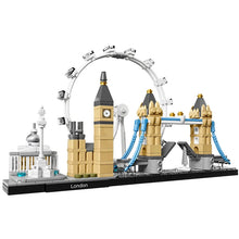 A building block set model of the London skyline, featuring iconic landmarks such as Tower Bridge, Big Ben, the London Eye, and Nelson's Column.