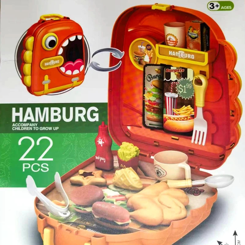 Toy hamburger set with a red lunchbox, various food items, and a small screen displaying images of hamburgers.