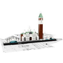 A completed model of the Venice skyline made from building blocks, featuring famous landmarks such as the Rialto Bridge and St. Mark's Campanile.