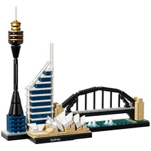 A building block set representation of the Sydney skyline, featuring iconic landmarks such as the Sydney Opera House, Sydney Harbour Bridge, and the Sydney Tower Eye.