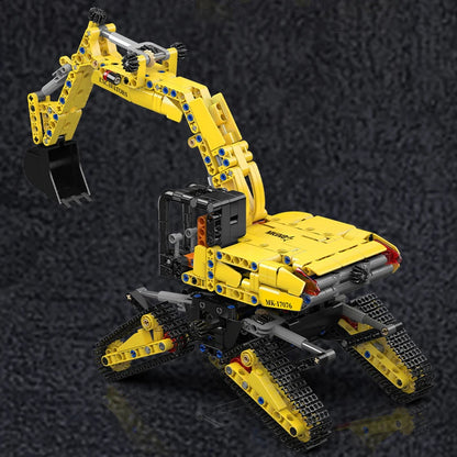 Yellow toy excavator model on a textured black background