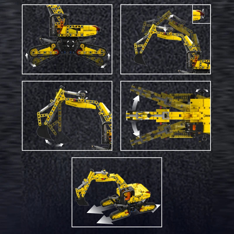 Collage of a yellow excavator model on a textured black background