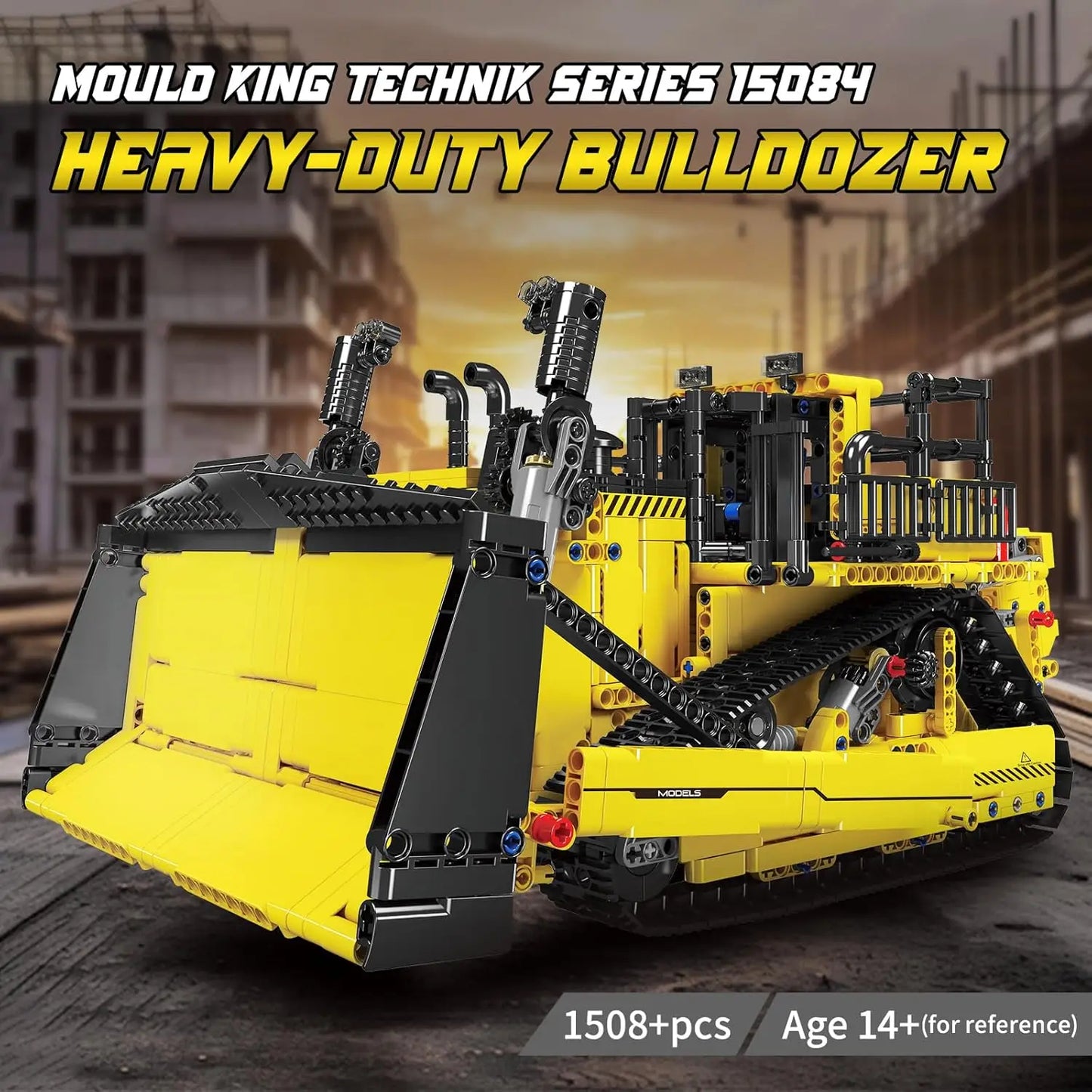 Toy bulldozer model with 'Mould King Technik Series' branding on a construction site background.