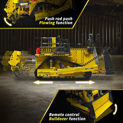 Yellow bulldozer model with remote control feature on a dark background