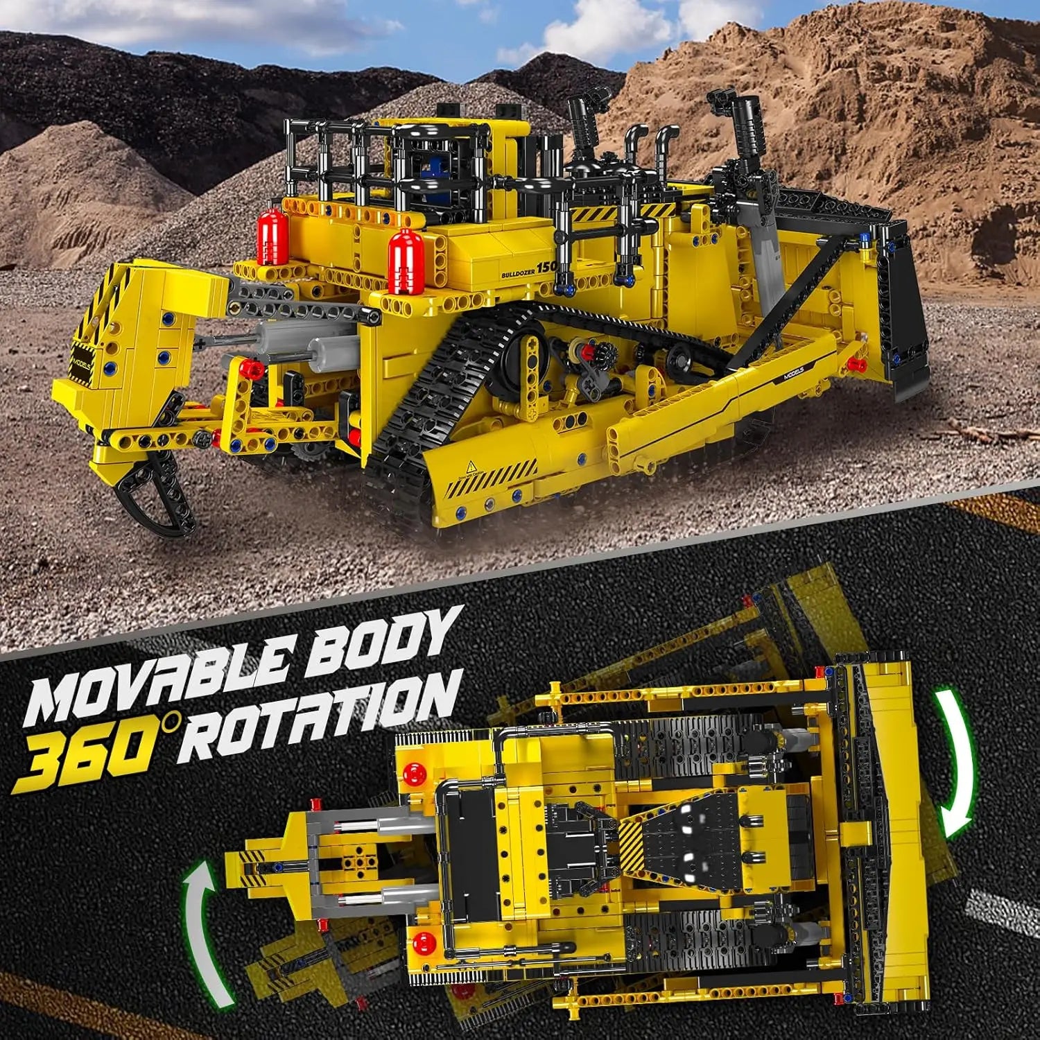 Toy construction vehicle with movable body feature against a desert landscape