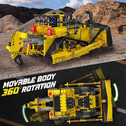 Toy construction vehicle with movable body feature against a desert landscape