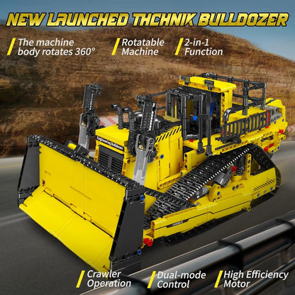 Yellow bulldozer toy with features highlighted on a road background